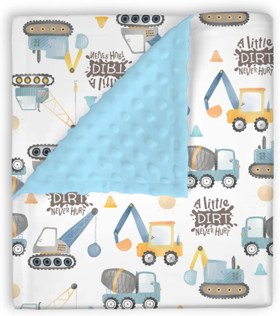 Mink Baby Blanket Blue Yellow Construction Vehicle