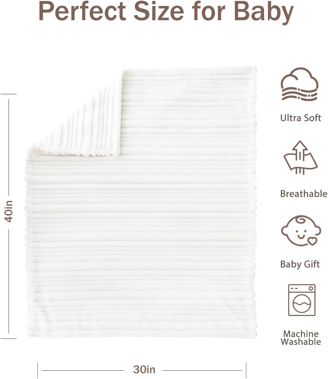 HOMRITAR White 30x40 Baby Blanket with Striped Design