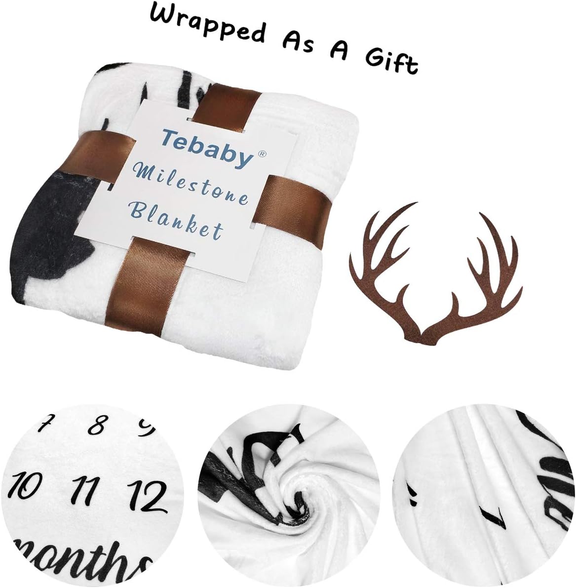 Tebaby Baby Milestone Blanket - Neutral Personalized Deer Antlers Nursery Decor
