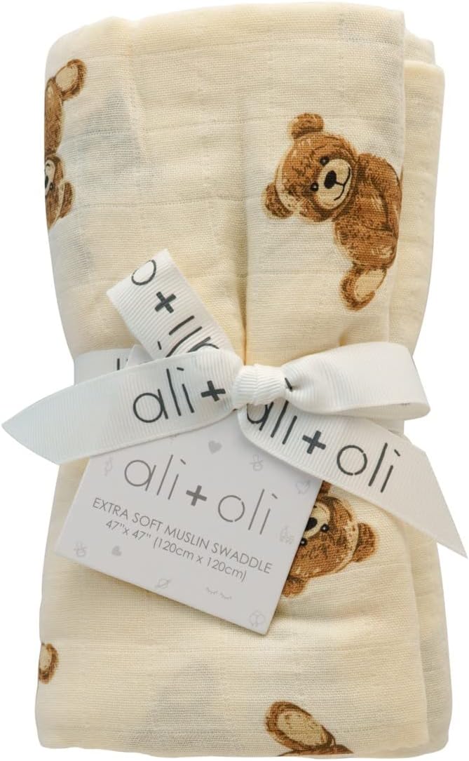 AliOli Muslin Swaddle Blanket Teddy Bear Large 47x47