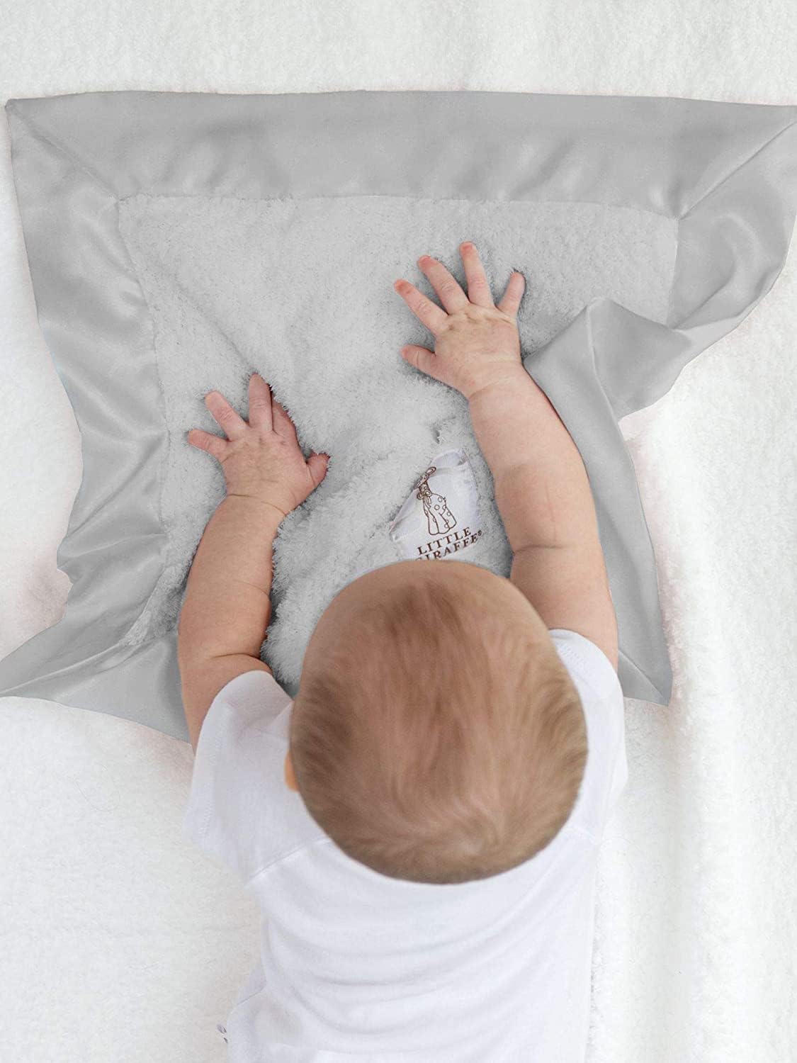 Little Giraffe Baby Blanket with Satin Trim - 17x17 - Silver 1