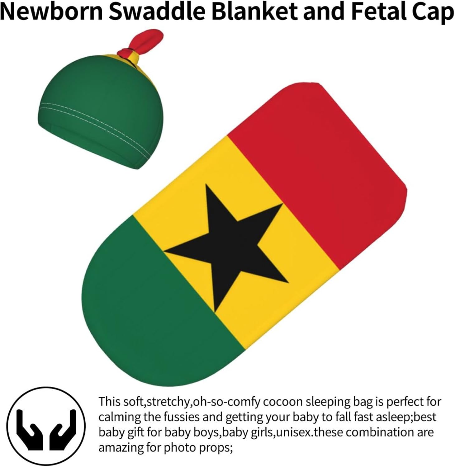 Flag of Ghana Print Newborn Swaddle Blanket with Beanie Set