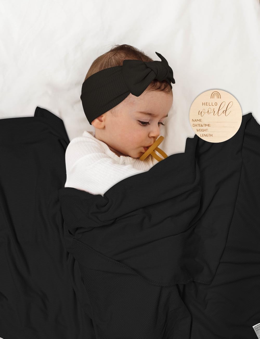 ZURLEFY Stretchy Swaddle Blanket with Matching Hat and Headband Set