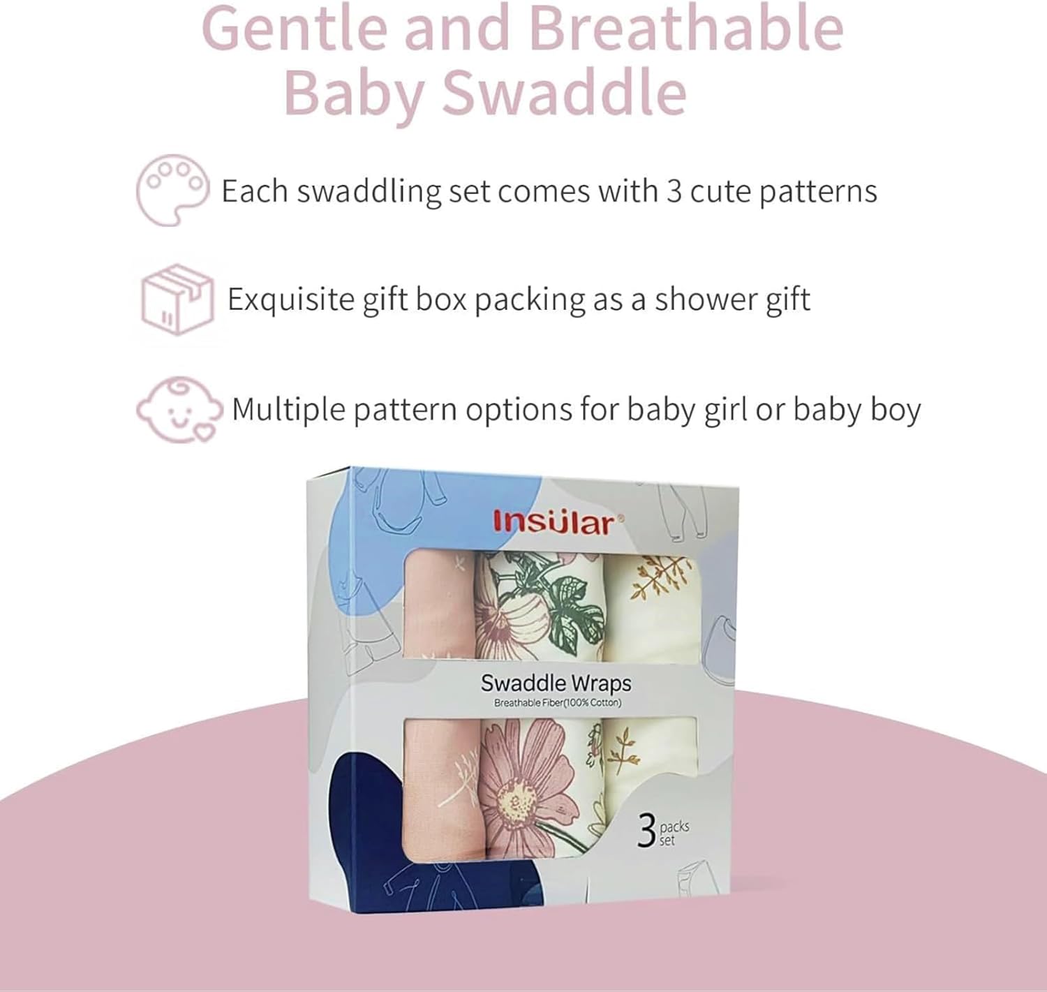Insular Soft Cotton Swaddle Wrap 3 Pack for Newborn Infant
