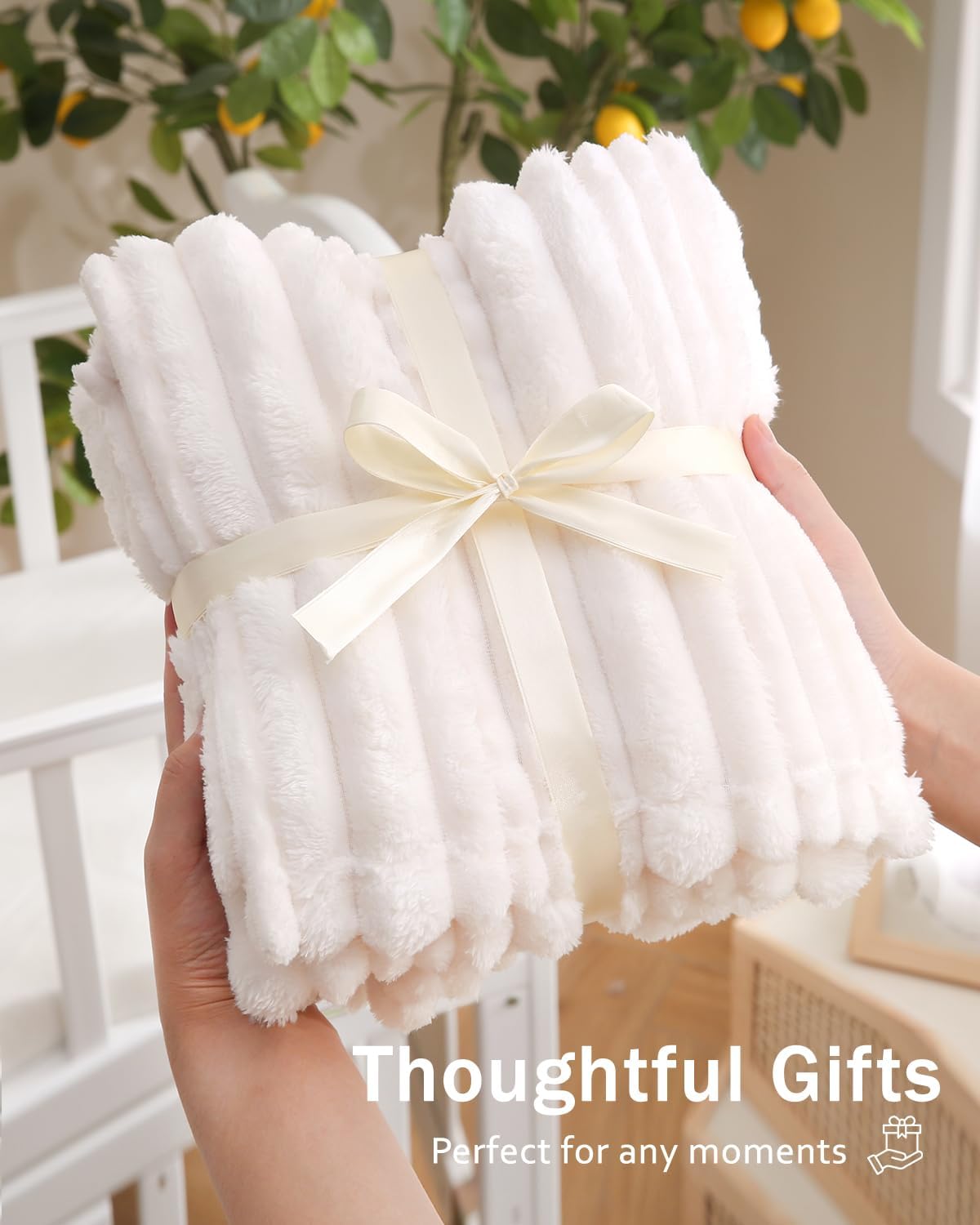 HOMRITAR White 30x40 Baby Blanket with Striped Design