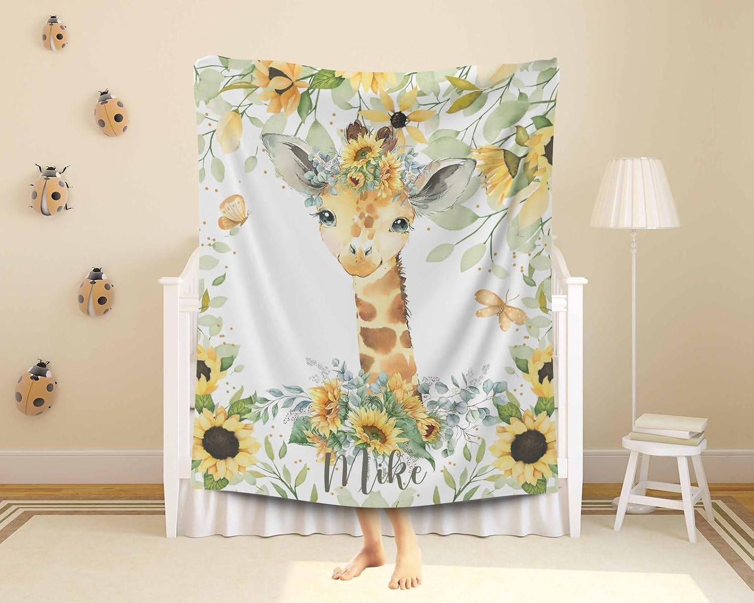 Personalized Fluffy Sherpa Baby Blanket with Sunflower Giraffe Design