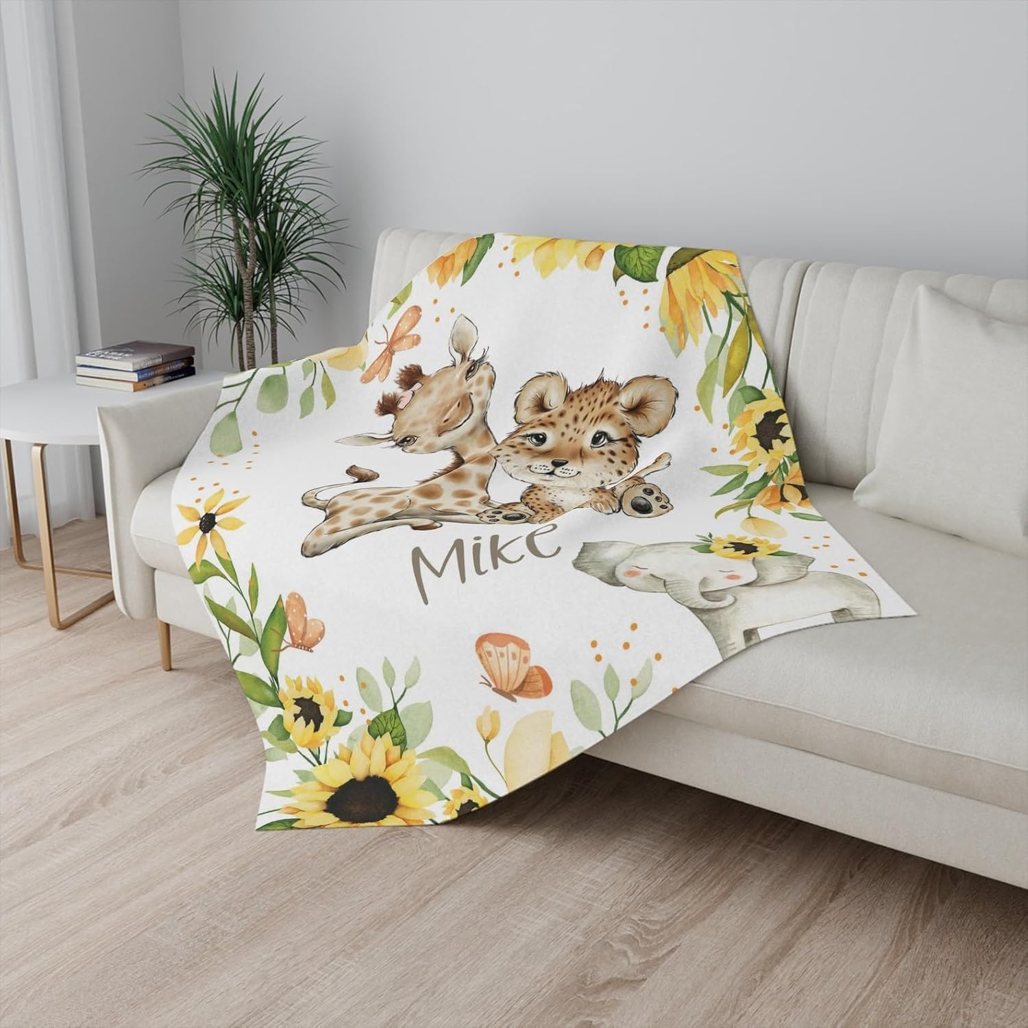 Customized Name Baby Blanket with Wild Animals and Flowers