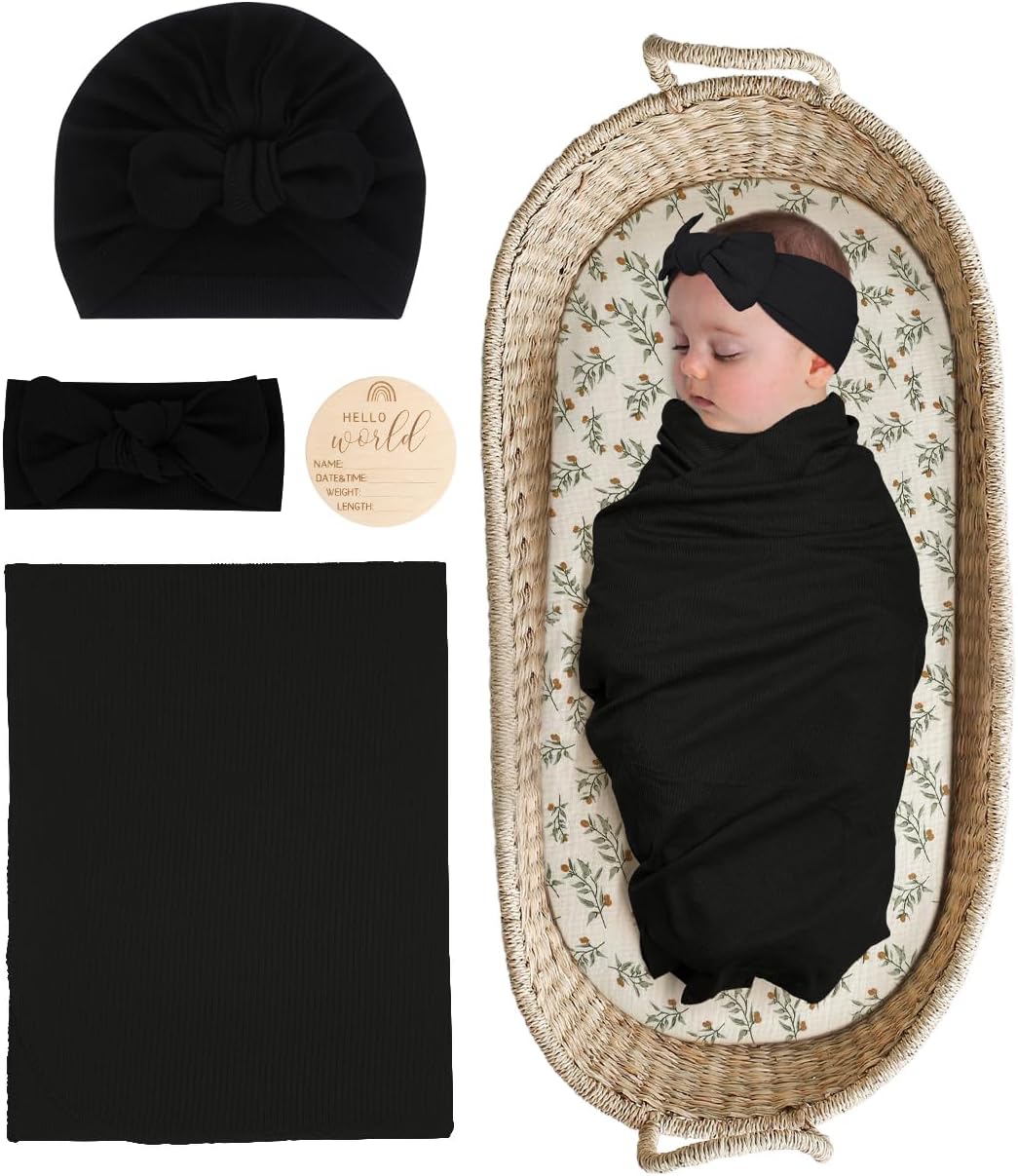 ZURLEFY Stretchy Swaddle Blanket with Matching Hat and Headband Set