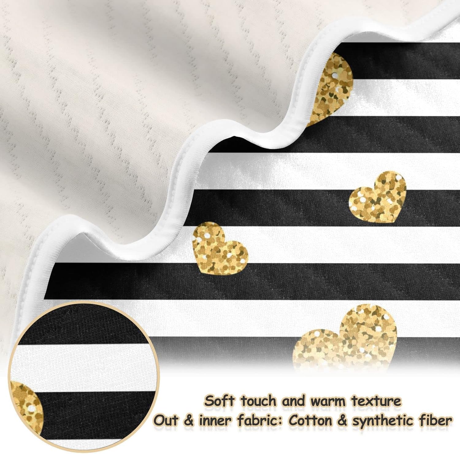 Pigsaly Black White Stripes Toddler Blanket 30x40in Gold Heart Glitter