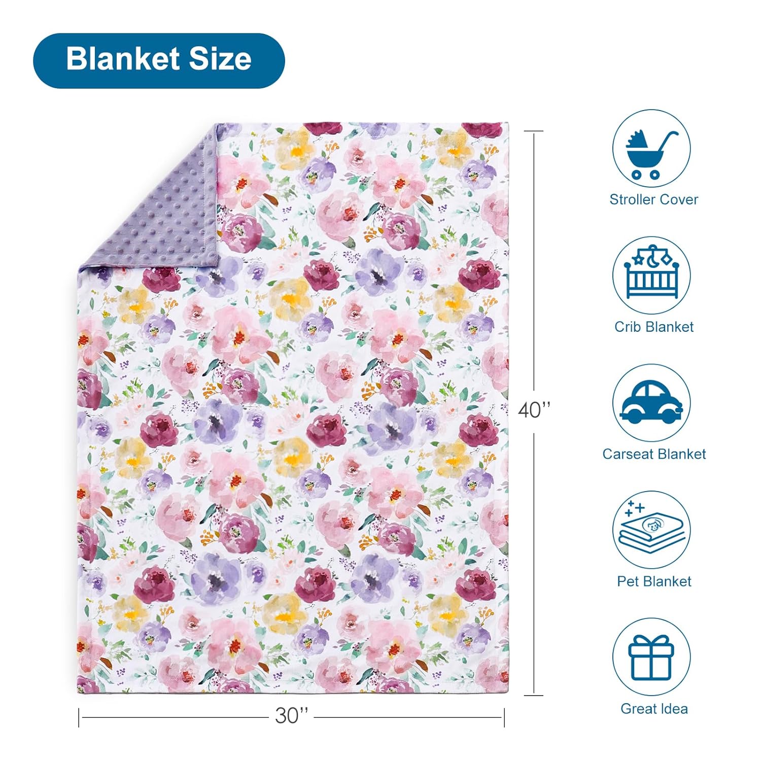 HOMRITAR Baby Blanket with Purple Floral Design 30x40 Inch