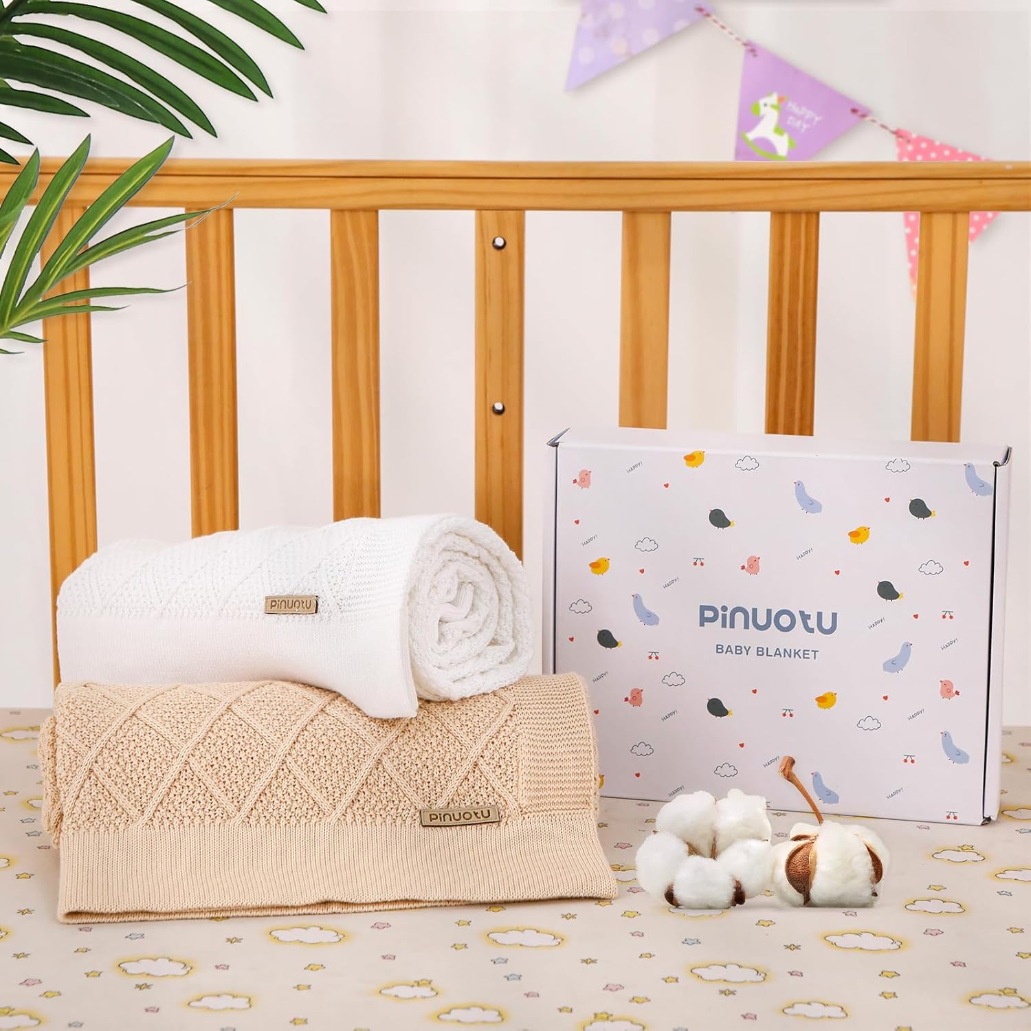 Pinuotu Knitted Cotton Baby Blanket 31x40 Inch Neutral Swaddle for Newborns