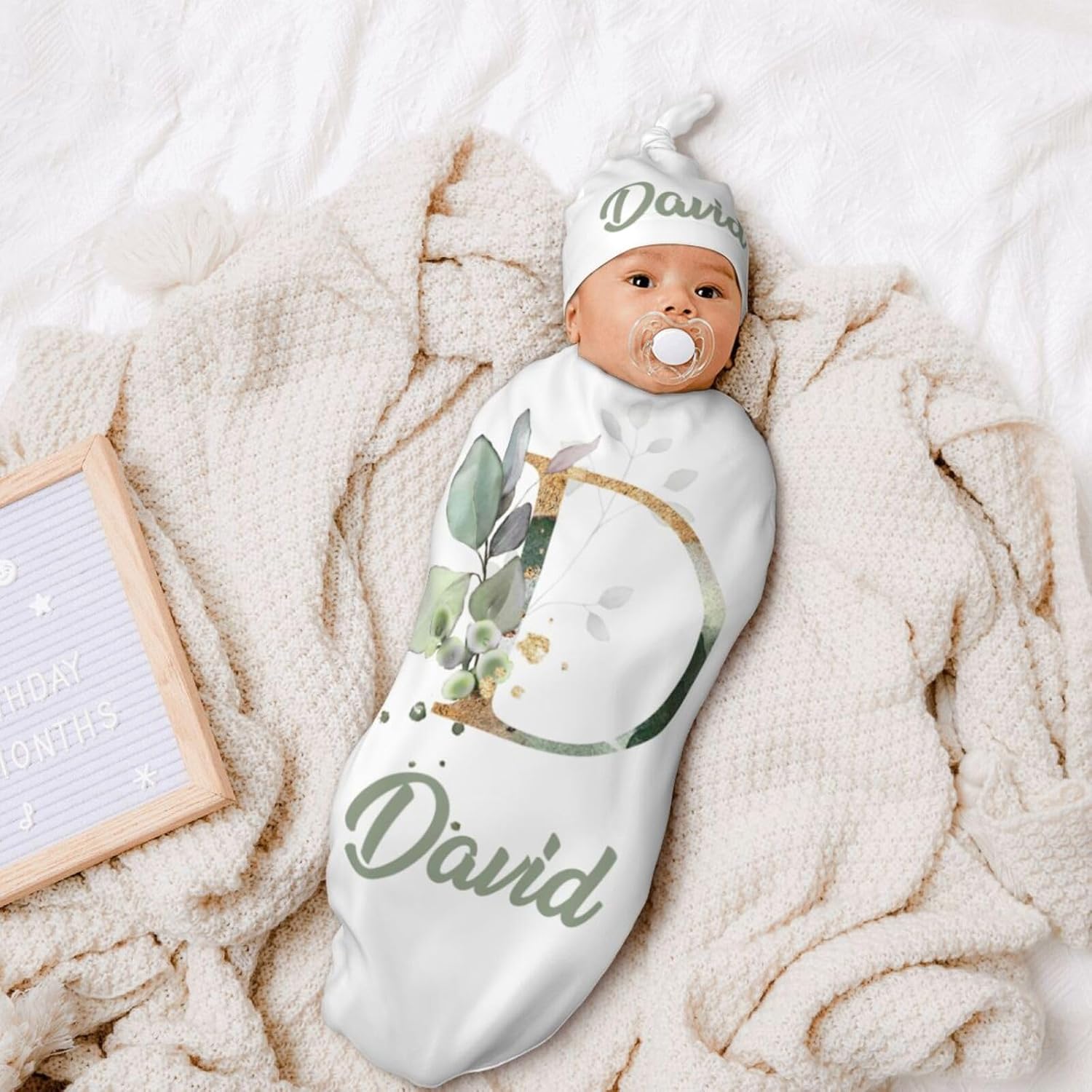 Personalized Baby Swaddle Blanket with Crib Hat - Initial Style