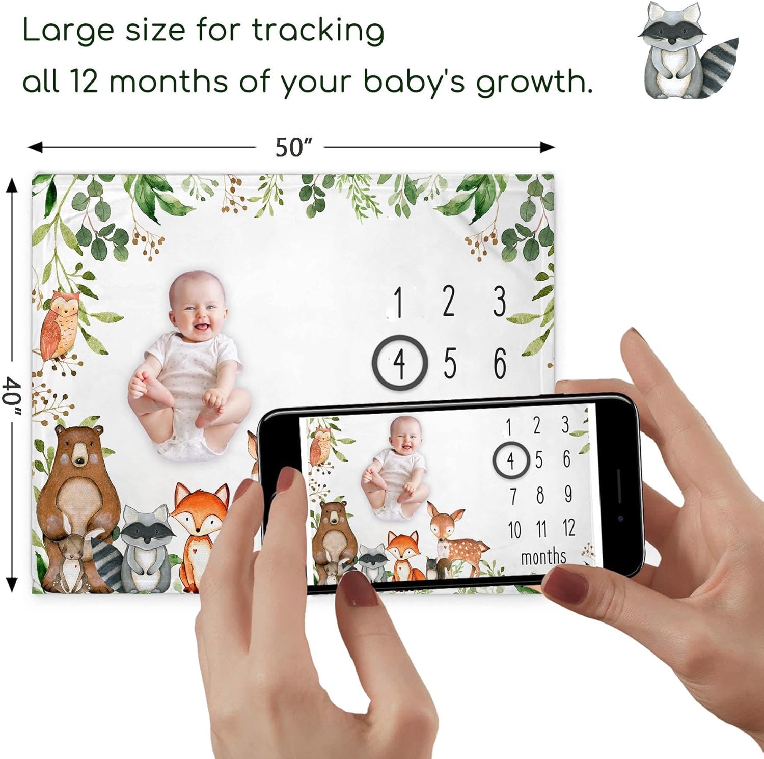 Yuzioey Woodland Animals Baby Milestone Blanket with Birth Stat Sign