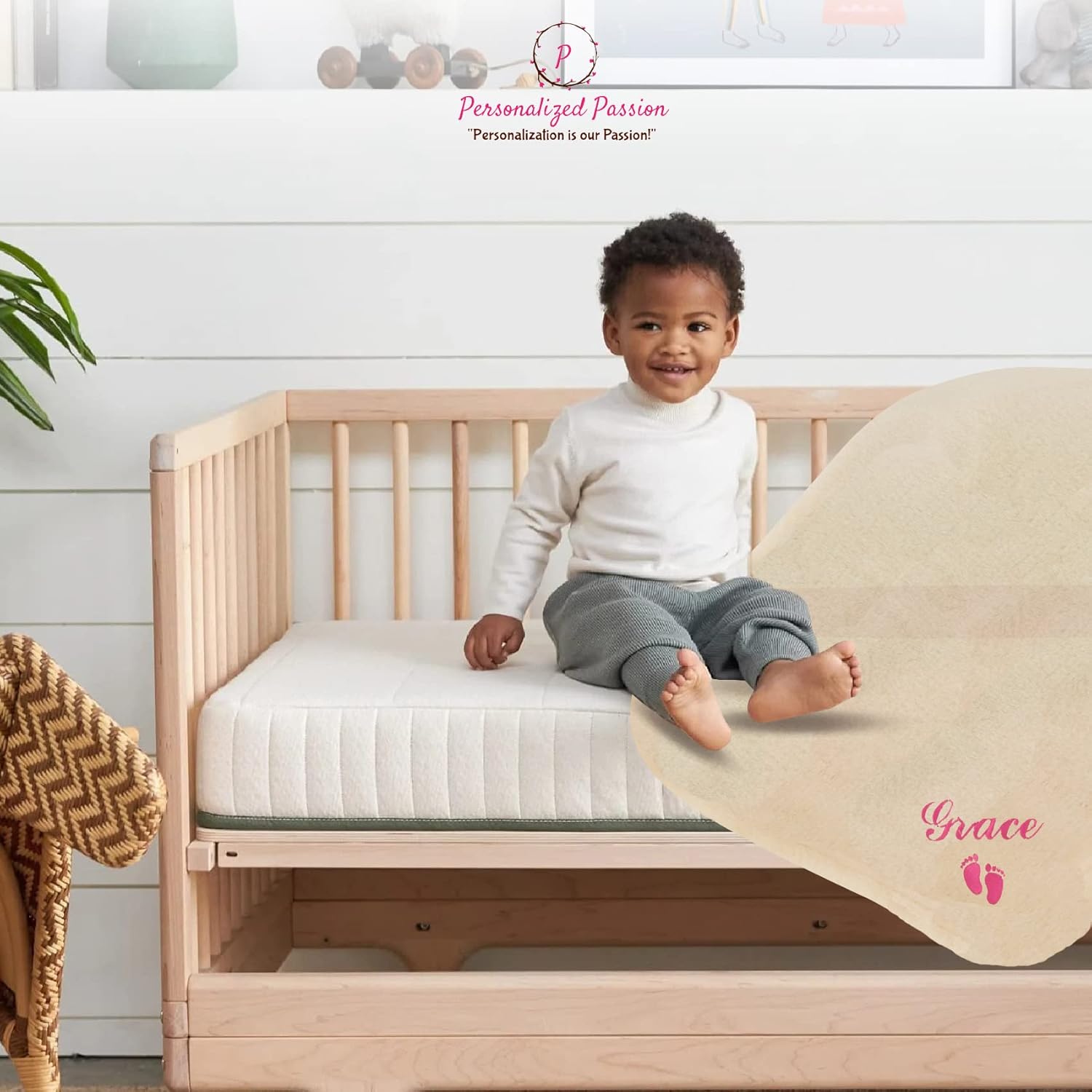 Personalized Passion Baby Blanket - Custom Name and Feet Design 28x40 Cream