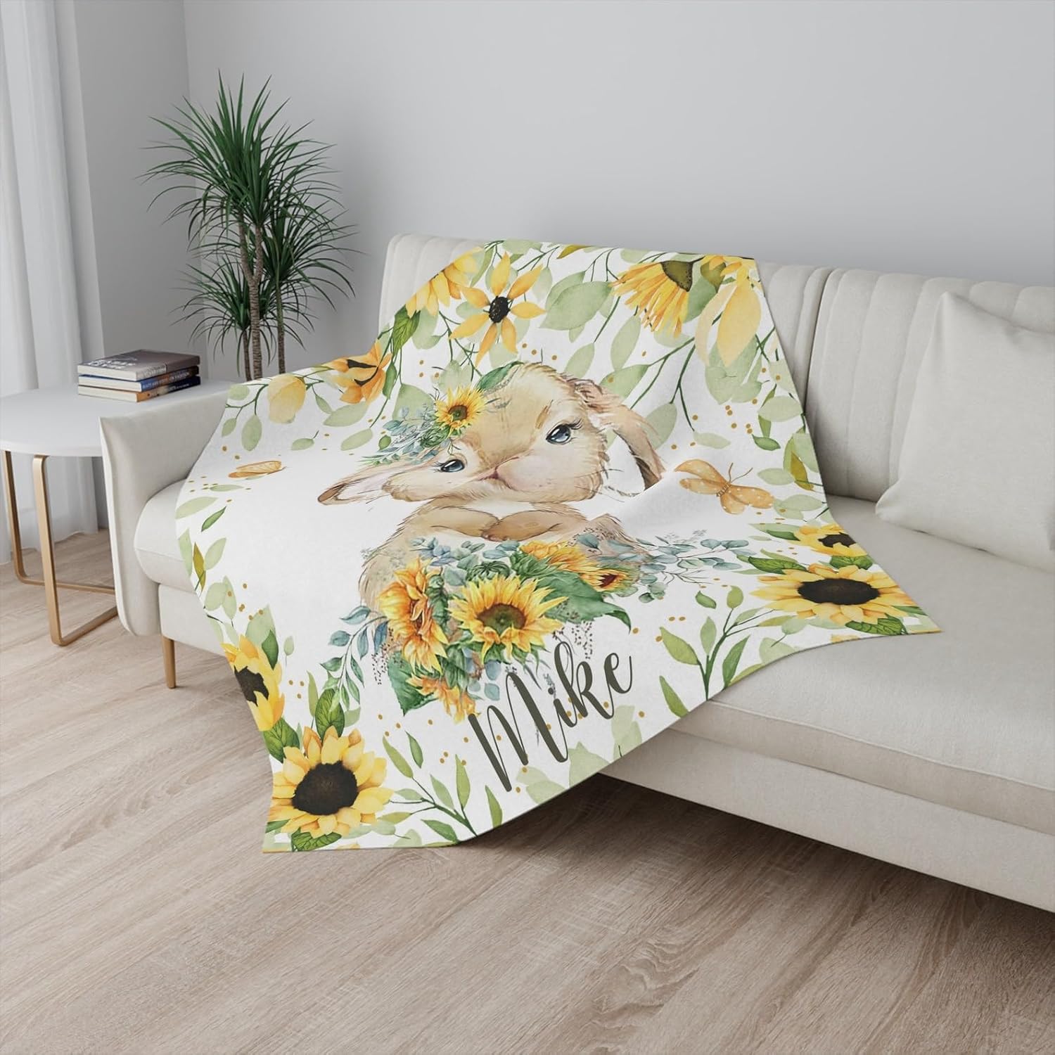 Customized Bunny Sunflower Baby Blanket with Name