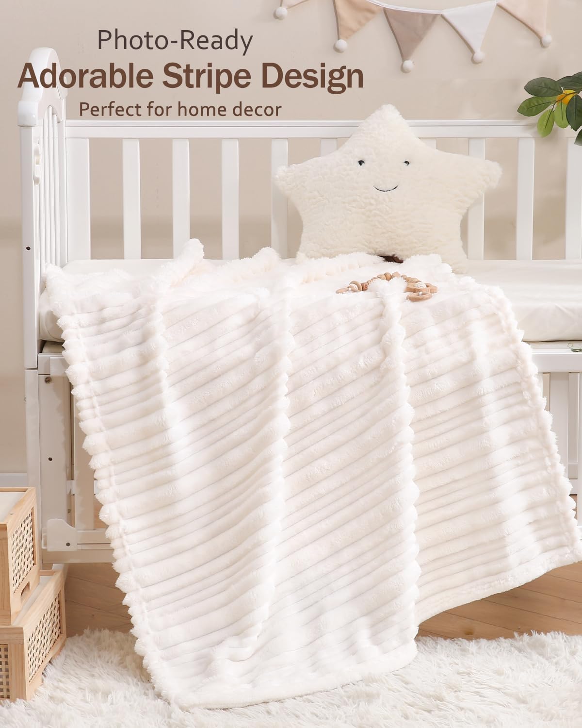 HOMRITAR White 30x40 Baby Blanket with Striped Design