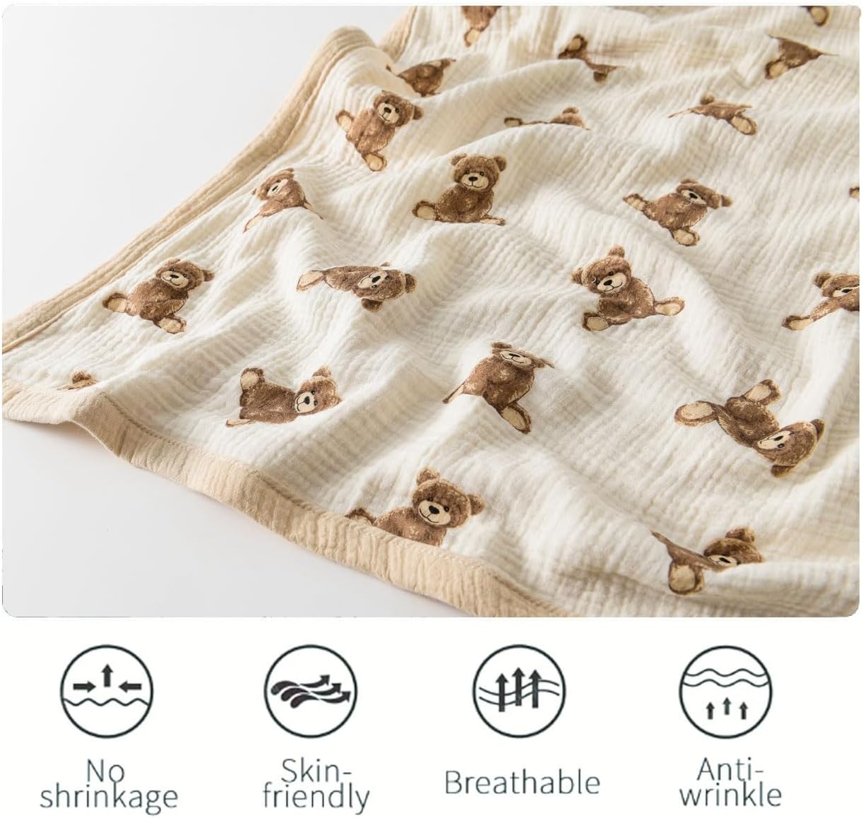 Little Jump 2-Layer Muslin Baby Blanket - Teddy Bear Design 47x47 Inches