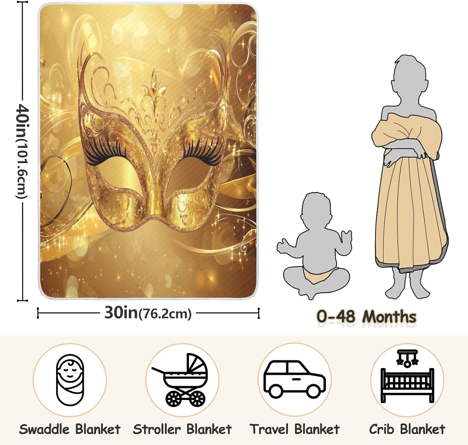 Burbuja Mardi Gras Gold Mask Baby Blanket 30x40