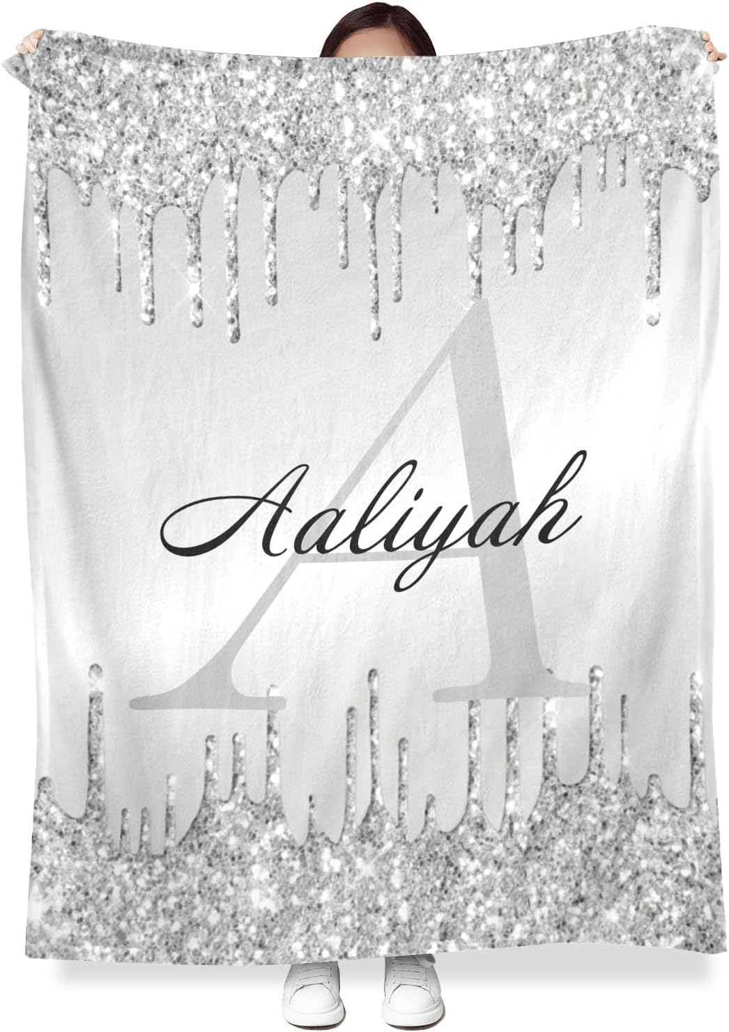 Personalized Baby Blanket with Monogram Silver Drip Glitter 1