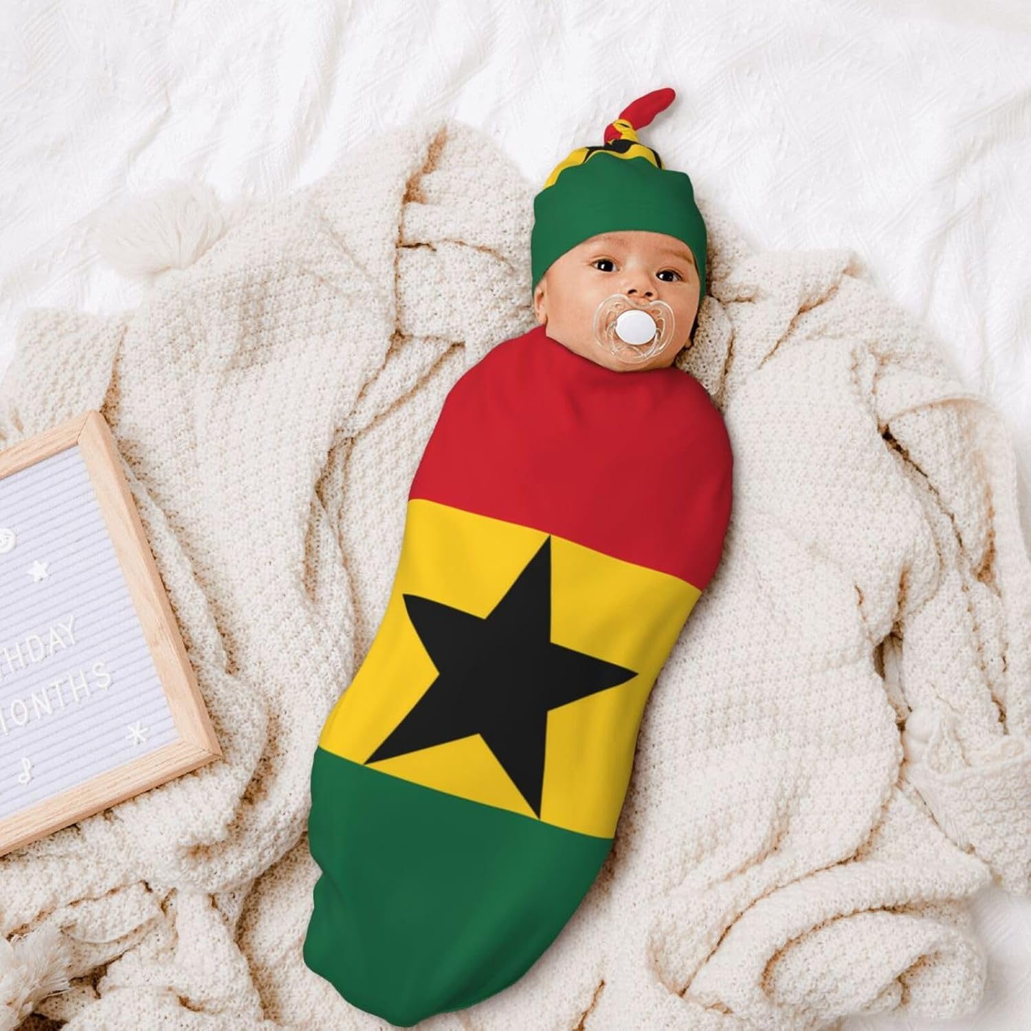 Flag of Ghana Print Newborn Swaddle Blanket with Beanie Set