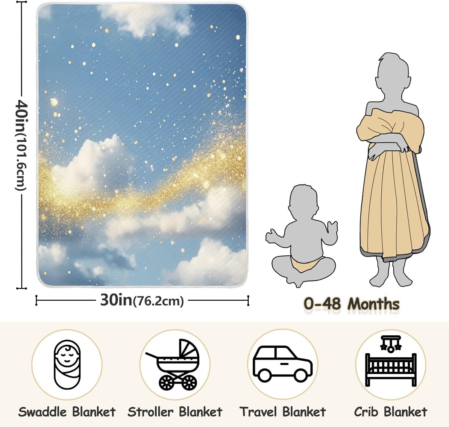 Wassud Golden Glitter and Clouds Baby Blanket 30x40