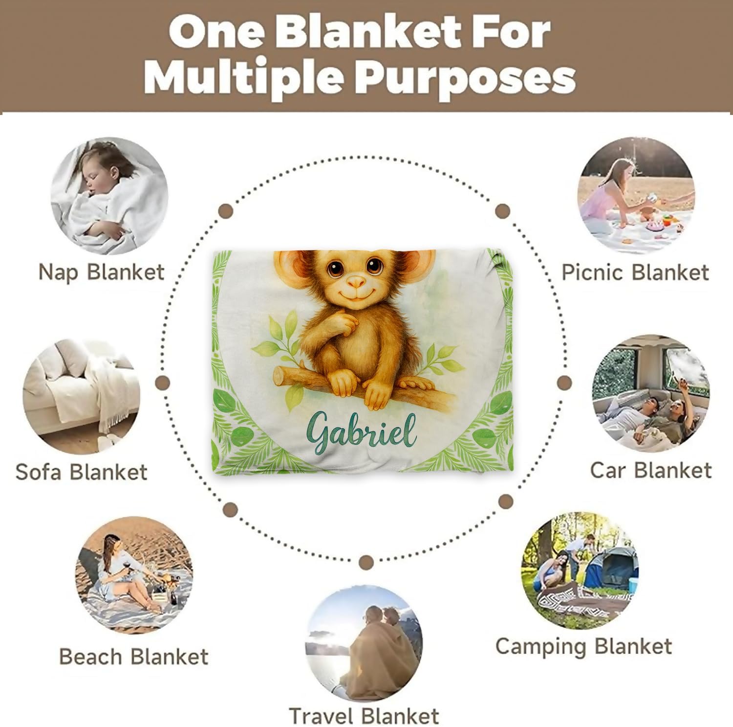 Zocoshi Personalized Baby Blanket with Name Jungle Monkey Throw for Boys Girls