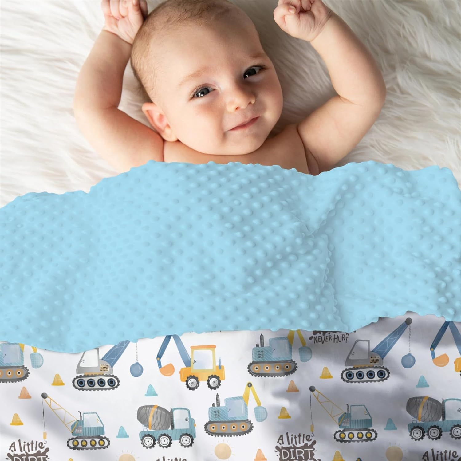 Mink Baby Blanket Blue Yellow Construction Vehicle
