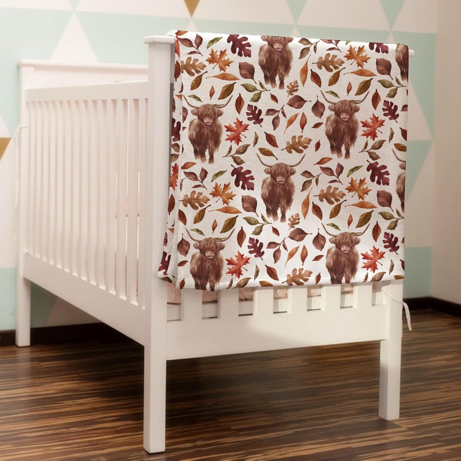 Hwmmbh Retro Highland Cows Fall Leaves Baby Blanket
