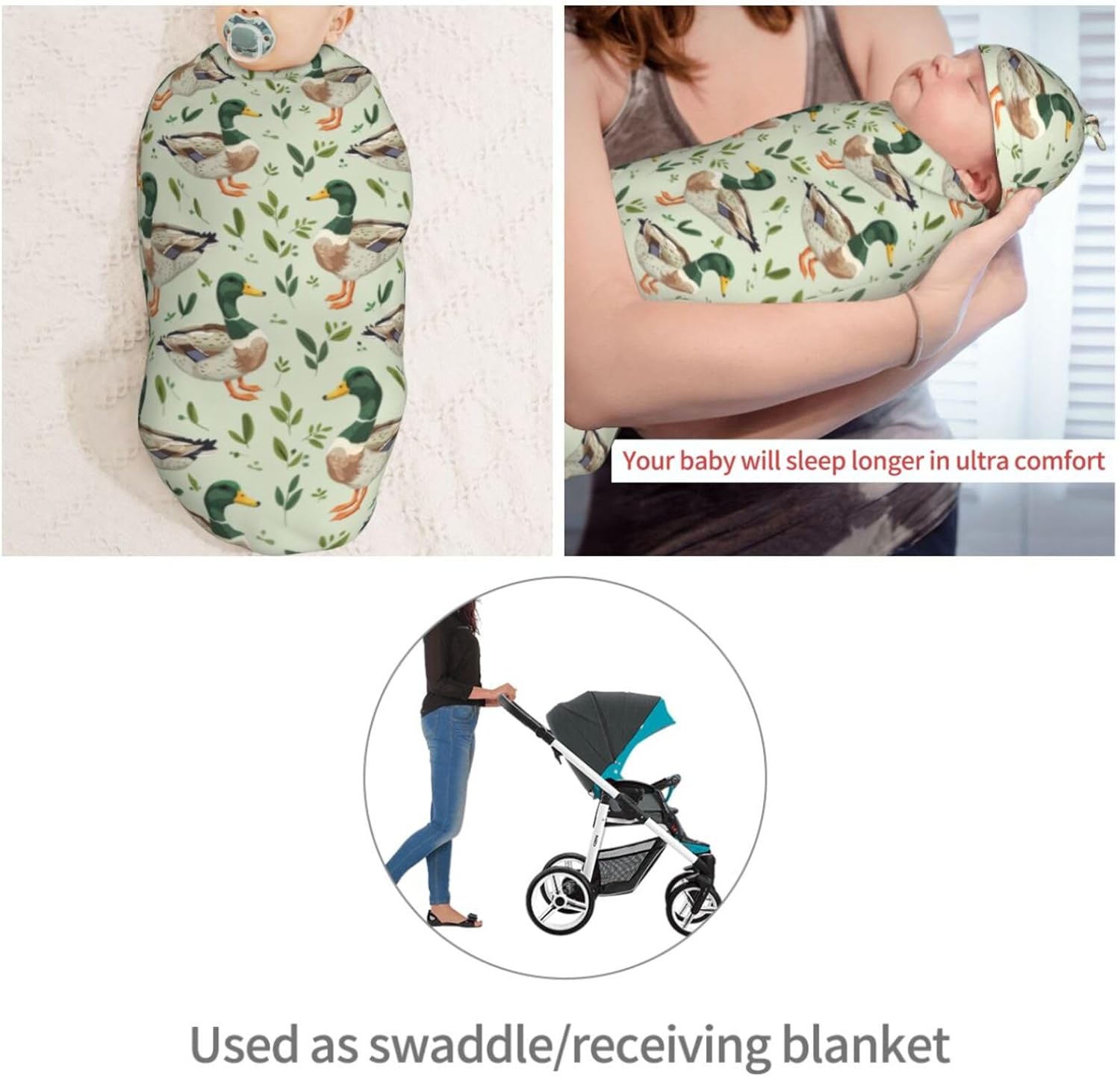 Muishi Farm Animal Mallard Duck Swaddle Blanket Hat Set 1