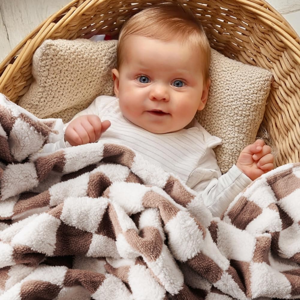 FIGEPO Ultra Soft Fuzzy Baby Bed Blanket 30x40 Reversible with 3D Chessboard Design