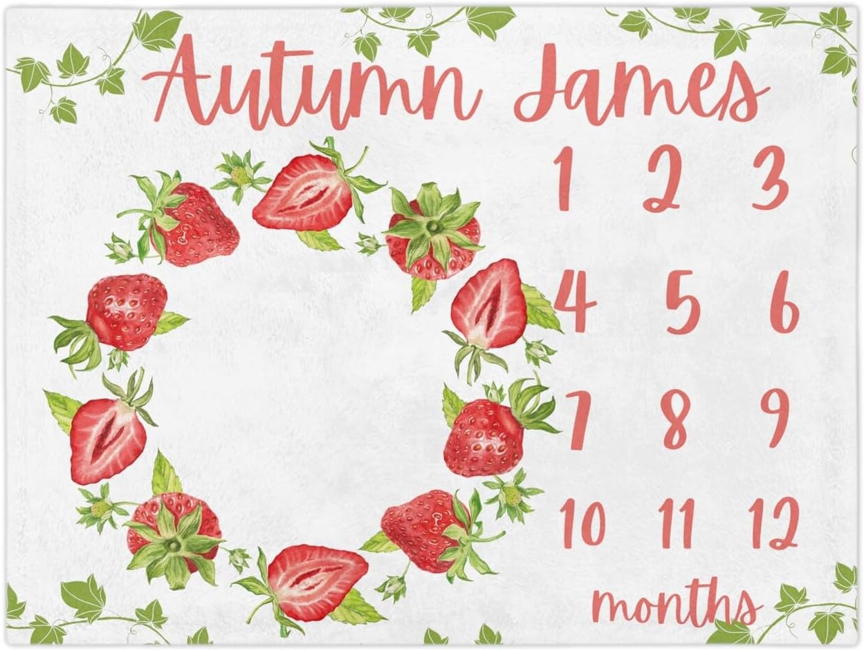 Personalized Baby Growth Tracker Blanket for Girls with Strawberry Design
