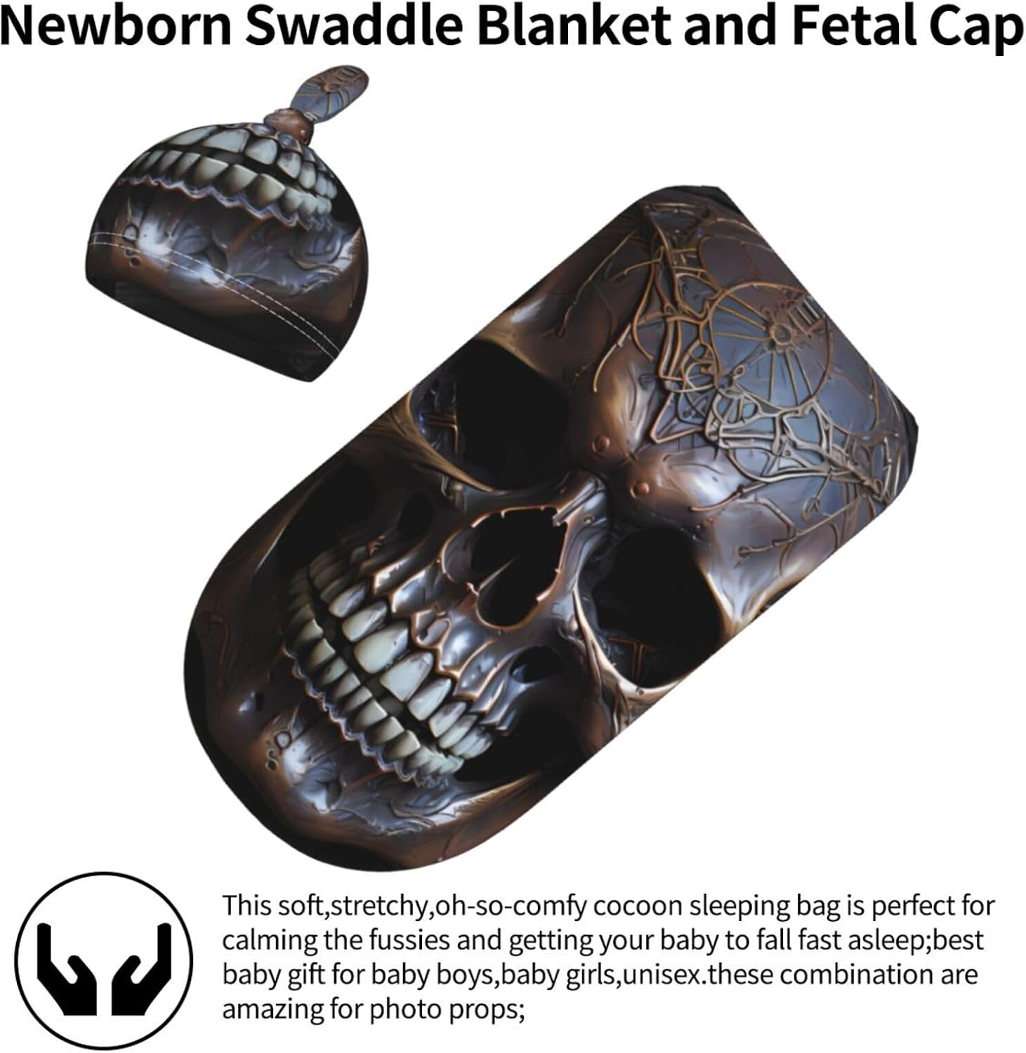 Copper Skull Print Newborn Swaddle Blanket Set with Beanie