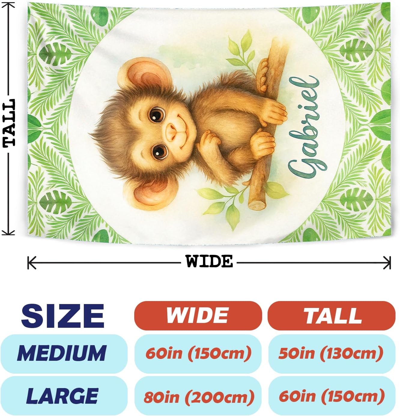 Zocoshi Personalized Baby Blanket with Name Jungle Monkey Throw for Boys Girls