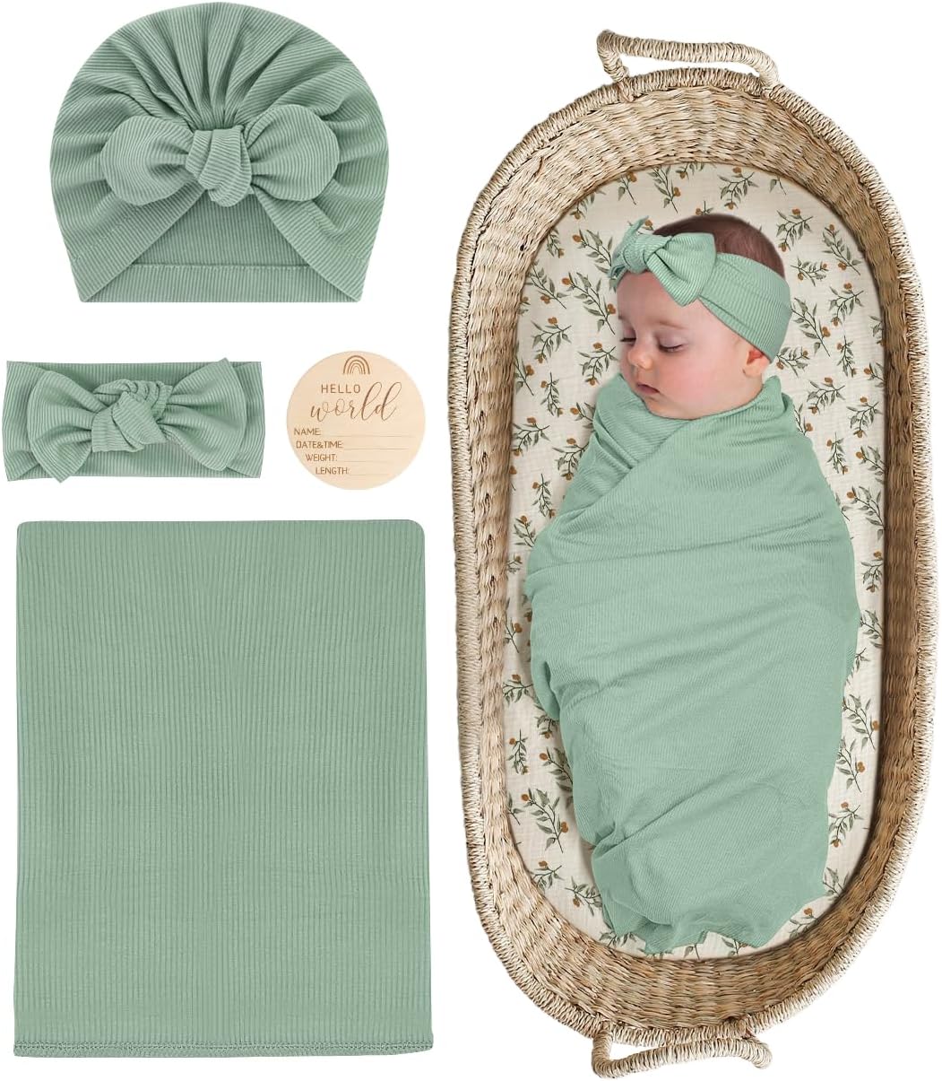 ZURLEFY Stretchy Swaddle Blanket with Matching Headband and Hat Set