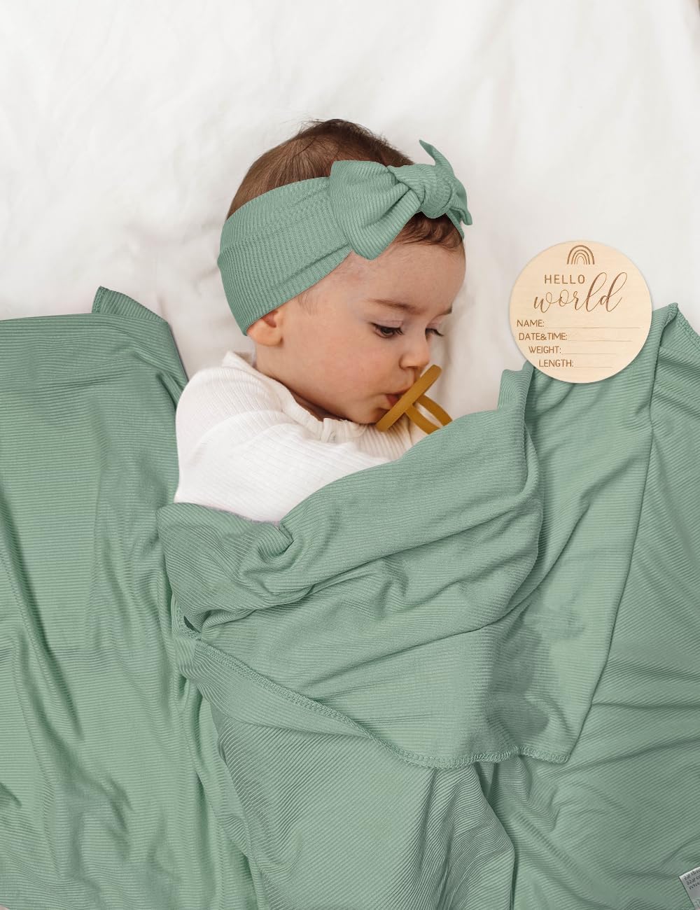 ZURLEFY Stretchy Swaddle Blanket with Matching Headband and Hat Set