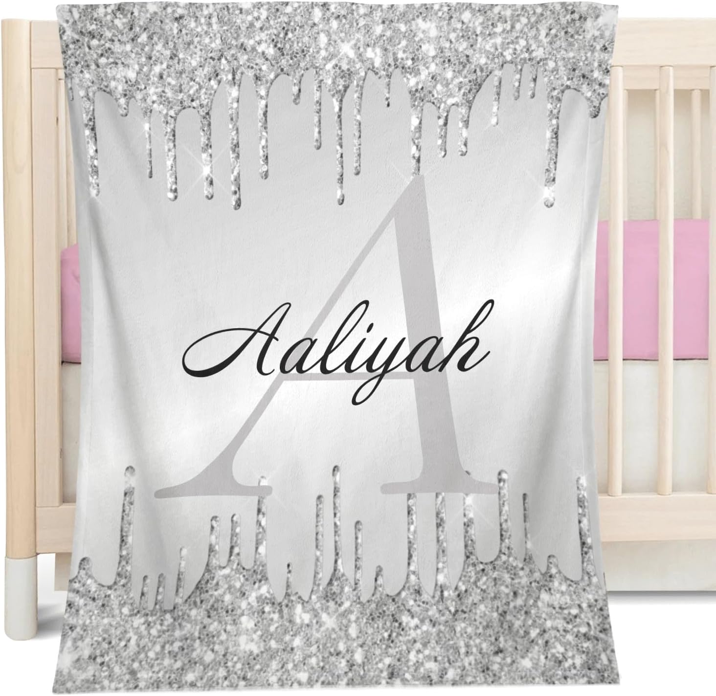 Personalized Baby Blanket with Monogram Silver Drip Glitter 1