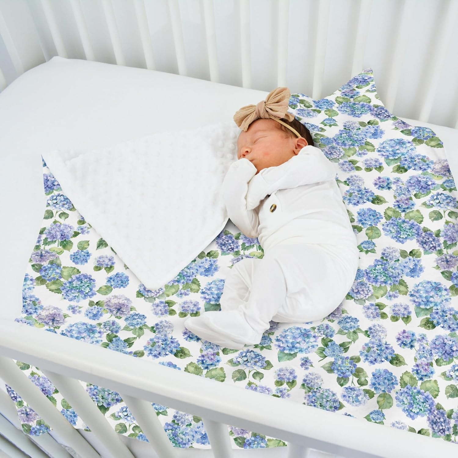 Blue Hydrangea Floral Baby Blanket with Dotted Backing