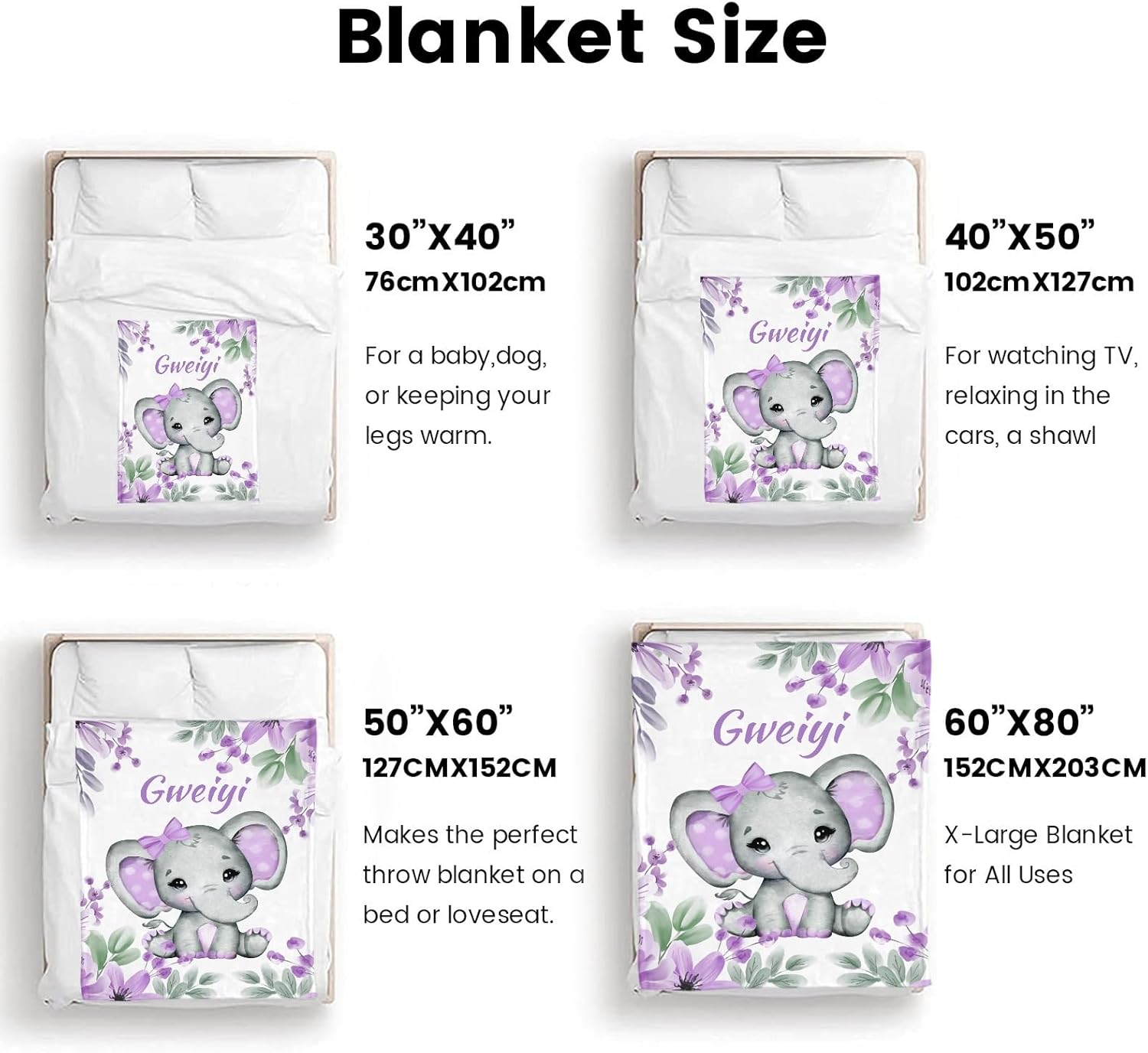 Personalized Baby Blanket with Name Customized Elephant 30x40