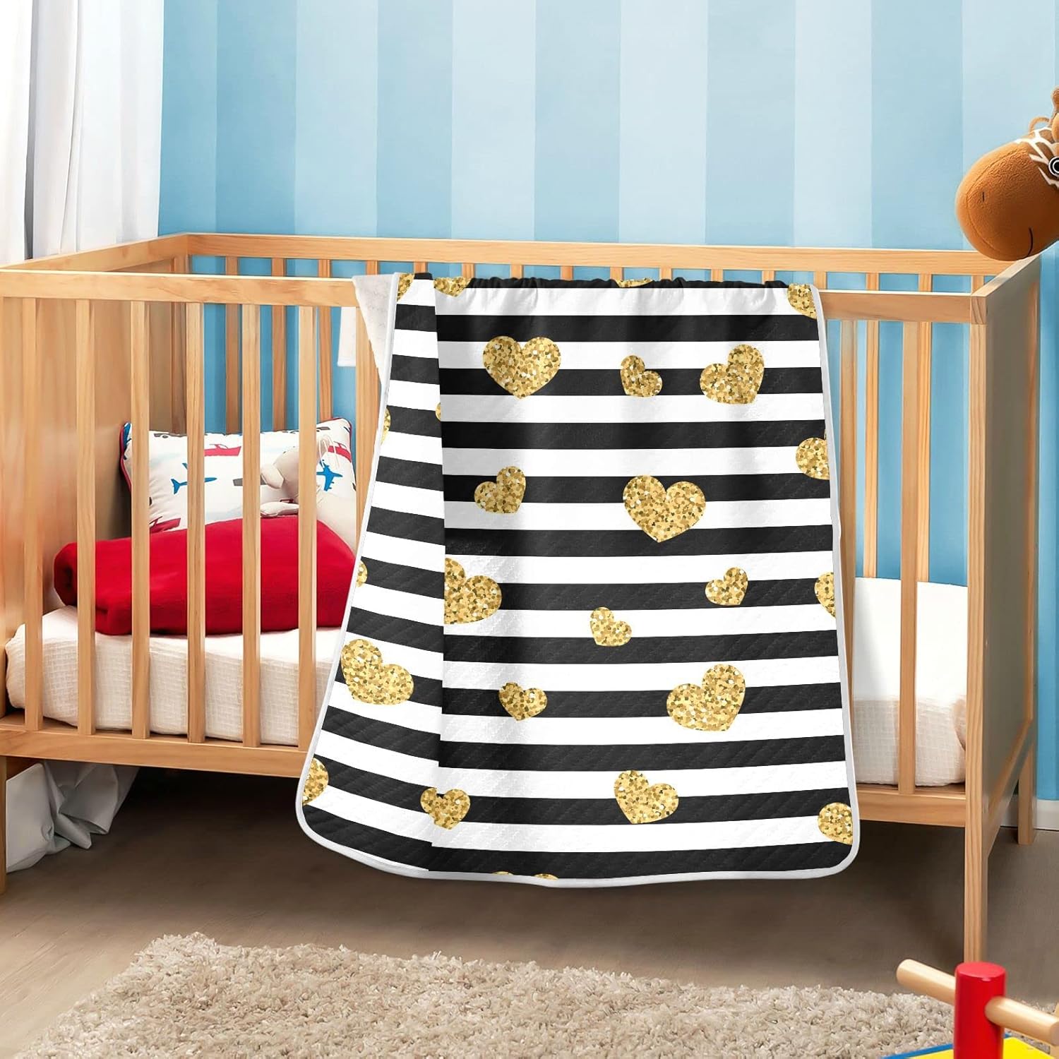 Pigsaly Black White Stripes Toddler Blanket 30x40in Gold Heart Glitter