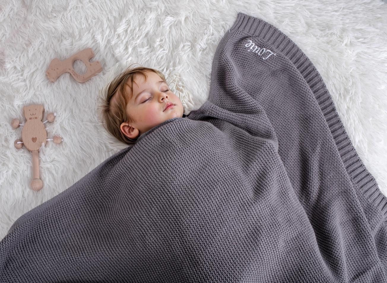 Personalized Knit Baby Name Blanket - Custom Embroidered Camel