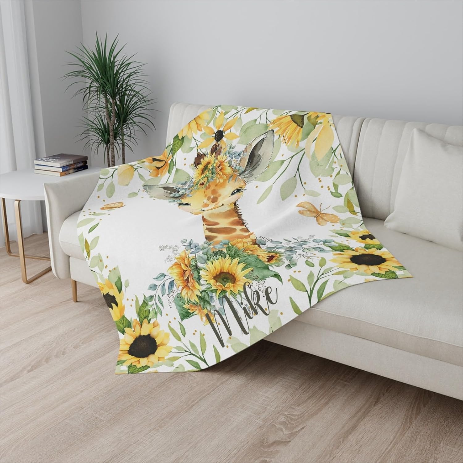 Personalized Fluffy Sherpa Baby Blanket with Sunflower Giraffe Design