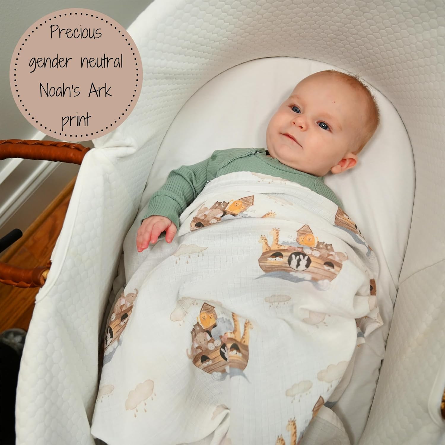 LollyBanks Muslin Swaddle Blanket with Noahs Ark Print
