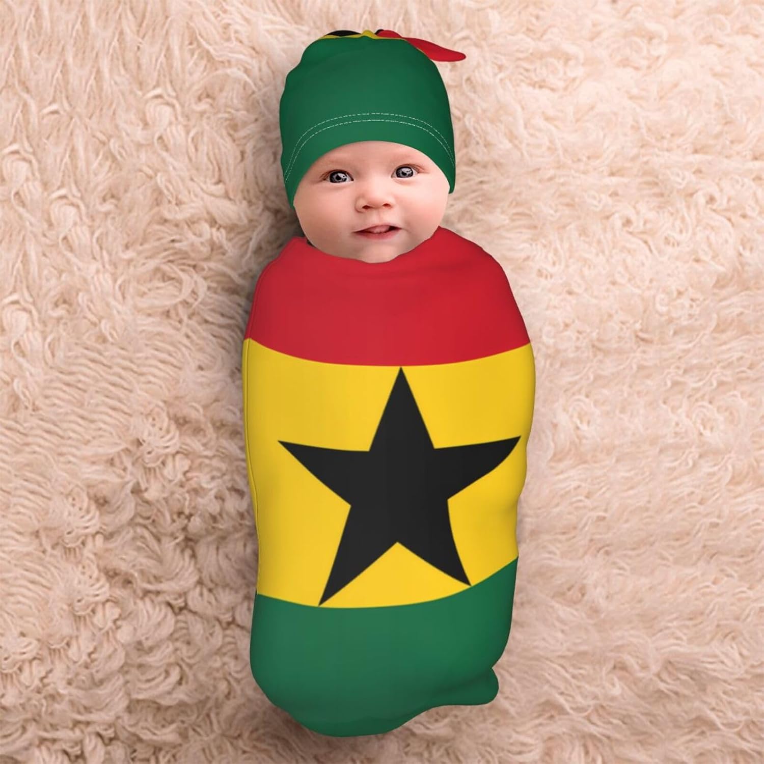 Flag of Ghana Print Newborn Swaddle Blanket with Beanie Set