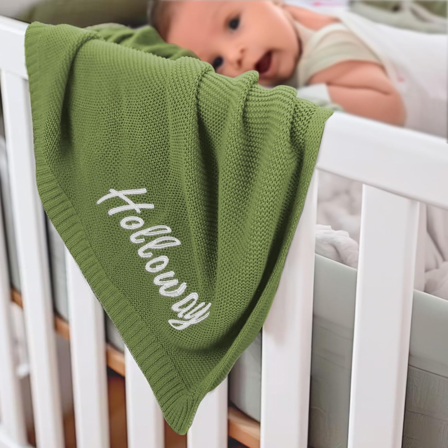Personalized Baby Knit Blanket with Name Custom Embroidered 37x42in