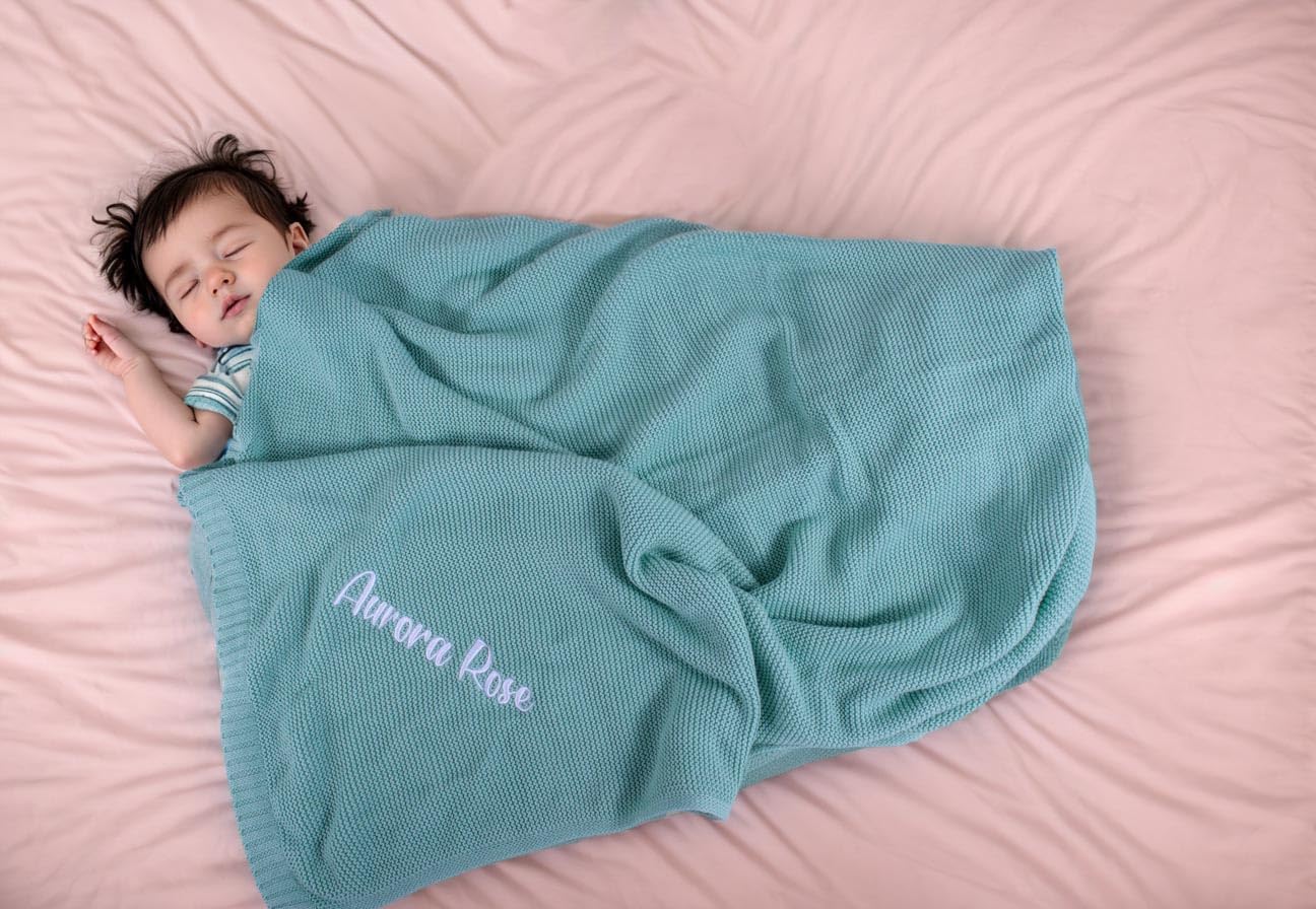 Personalized Knit Baby Name Blanket - Custom Embroidered Camel