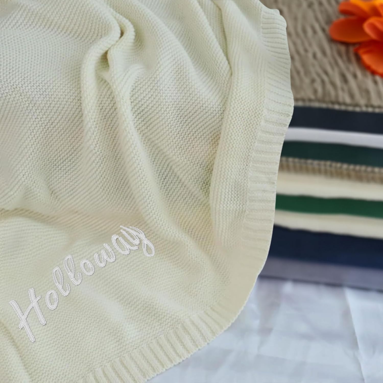 Personalized Baby Knit Blanket with Name Custom Embroidered 37x42in