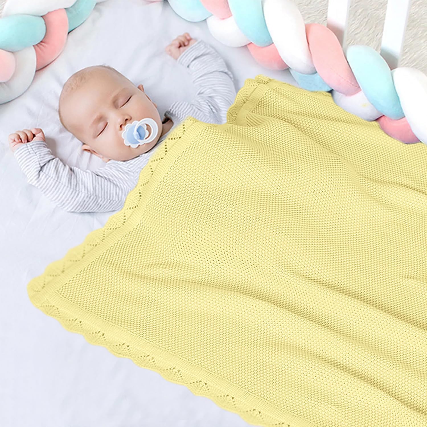 100 Cotton Baby Blanket Knit Soft Warm Lemon Yellow 30x40 Inches