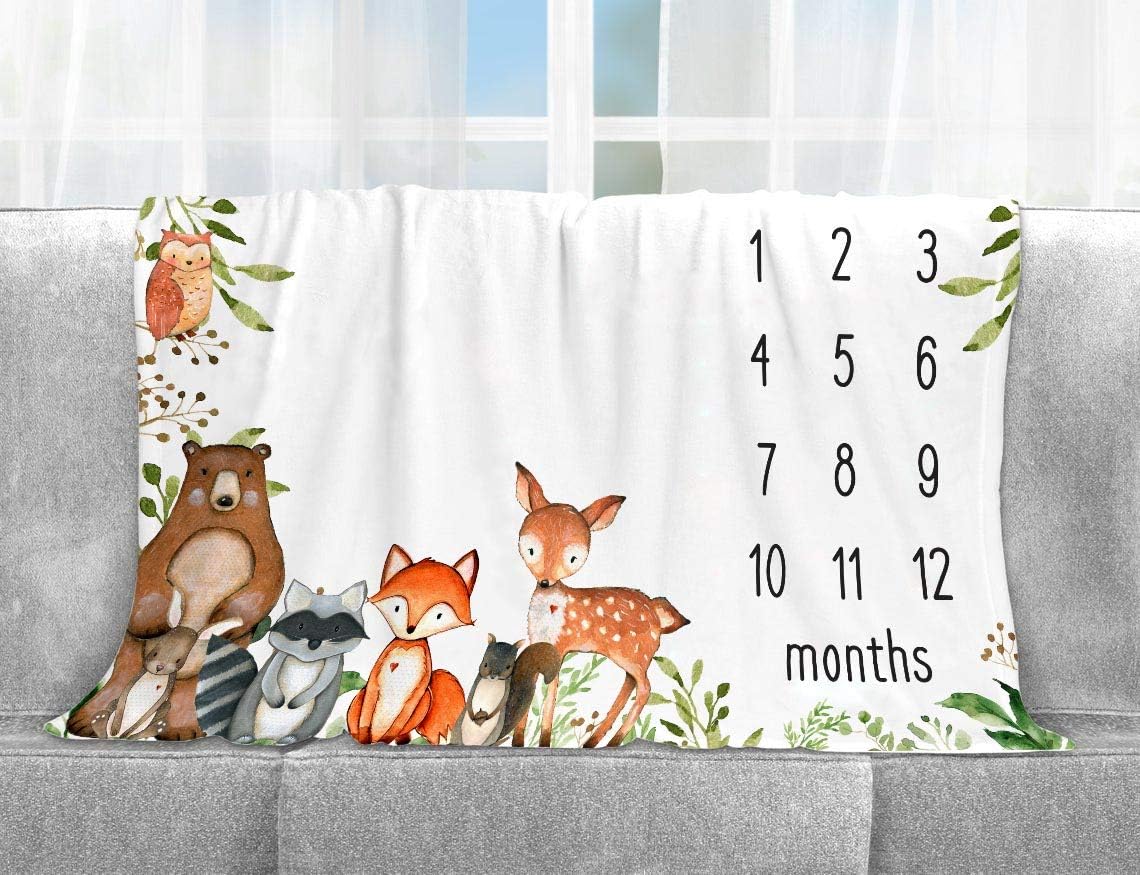 Yuzioey Woodland Animals Baby Milestone Blanket with Birth Stat Sign