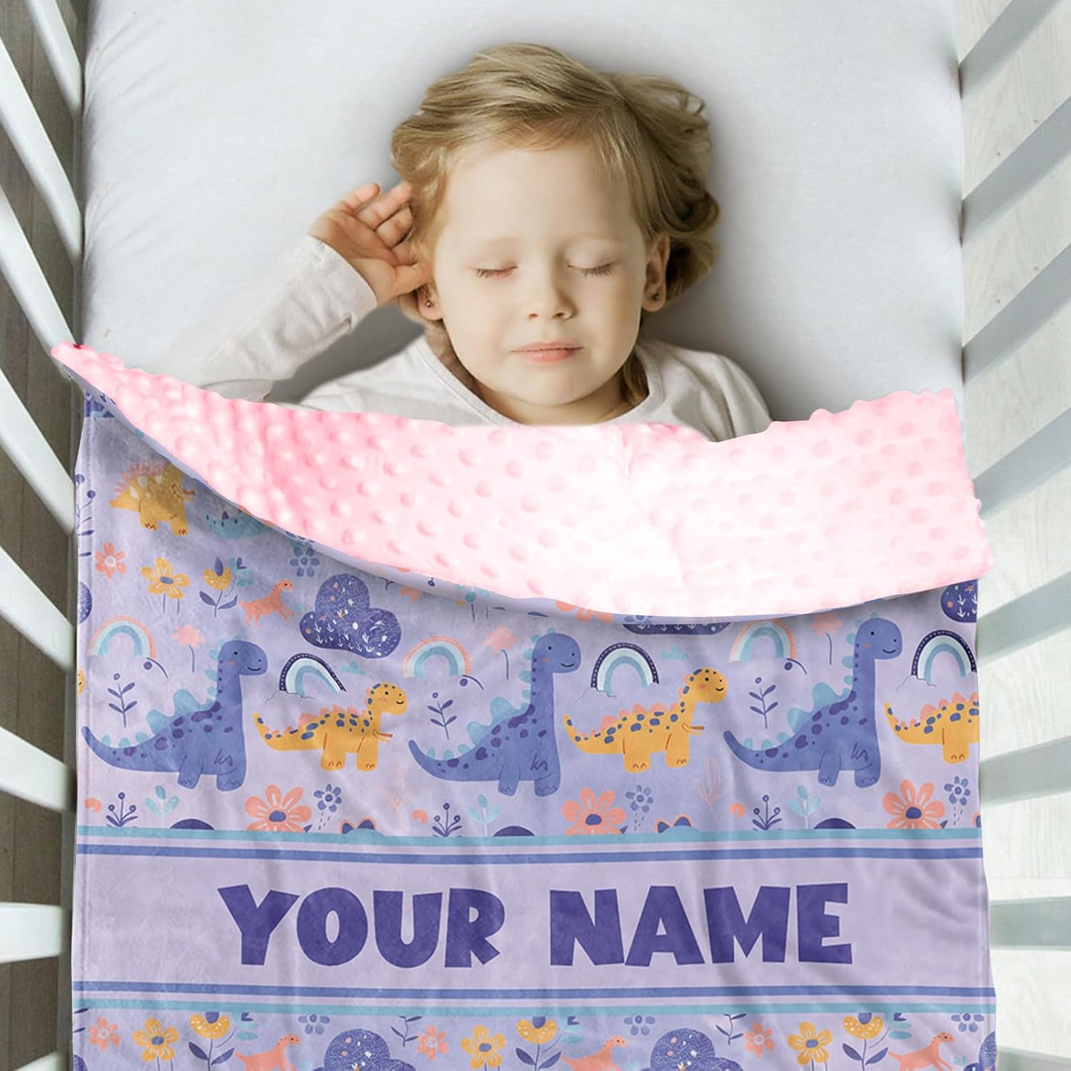 Personalized Baby Blanket for Girls with Purple Dinosaur Pattern