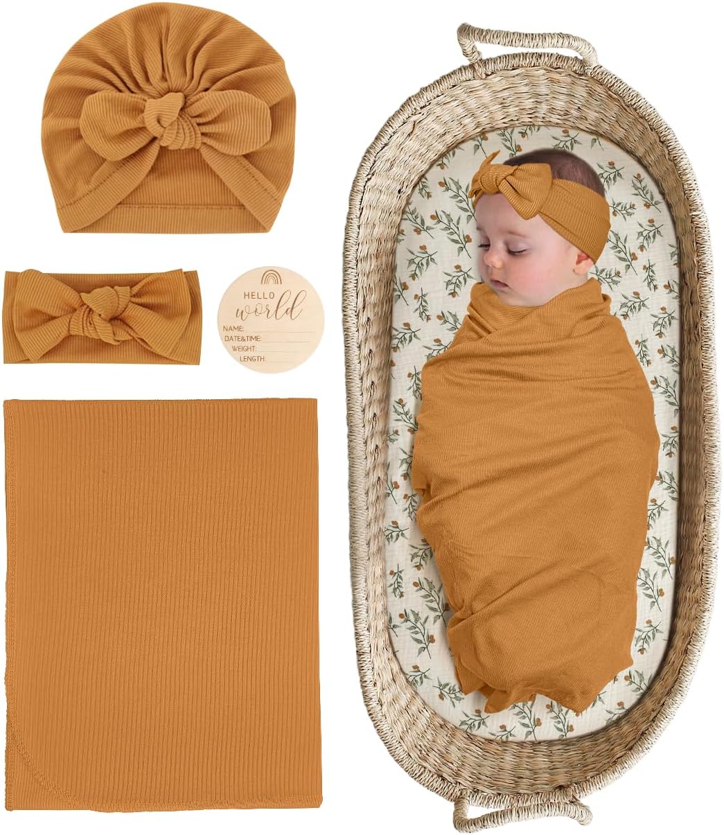 ZURLEFY Stretchy Baby Swaddle Blanket and Matching Hat Set